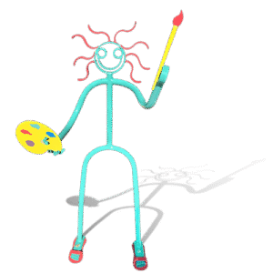 Teal tube sculpture holding a paintbrush and palette with curly red hair