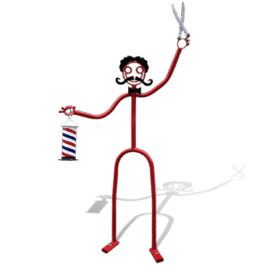 Red tube sculpture with mustache holding scissors and a barber pole