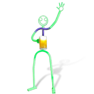 Green and purple tube sculpture holding a large beer mug and waving