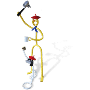 Yellow tube sculpture in a red beret holding espresso gear with a matching dog figure
