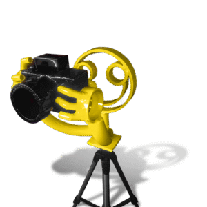 Smiley face sculpture holding camera on tripod, yellow and black public art piece
