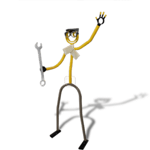 Car mechanic tube sculpture holding wrench with goggles and waving hand