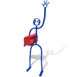 Blue tube sculpture holding red mailbox and waving