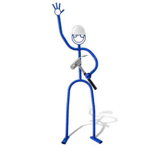Blue tube construction worker sculpture with white hard hat and hammer