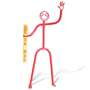 Red tube sculpture holding toothbrush labeled Dr. Mac, smiling and waving