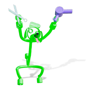Green dog tube sculpture holding grooming scissors and dryer