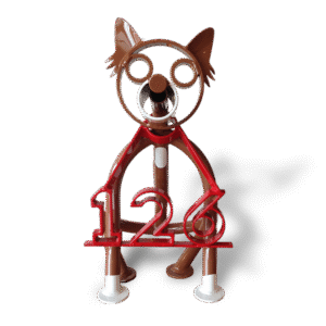 Brown dog-shaped metal sculpture with red house numbers and upright ears