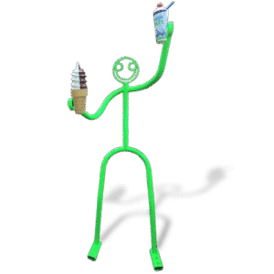 Green tube sculpture with ice cream cone and slushie, dessert shop decor