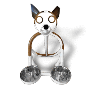 Metal dog sculpture feeder with two stainless bowls and upright ears