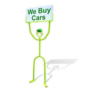 Green tube sculpture wearing a hat and holding overhead promotional sign