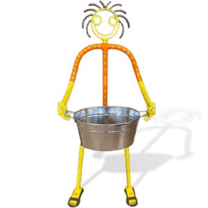 Yellow and orange tube sculpture holding a silver drink tub with curly hair