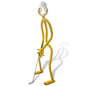 Yellow tube sculpture with golf club, white hat, and putting stance