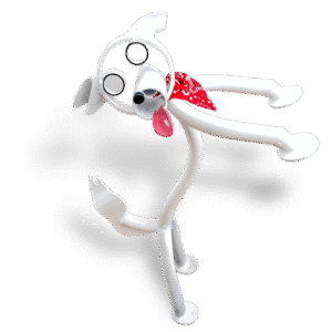 White metal dog sculpture in dancing pose with red bandana and tongue out