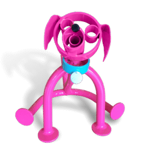 Pink metal dog sculpture in sitting position with floppy ears and blue collar