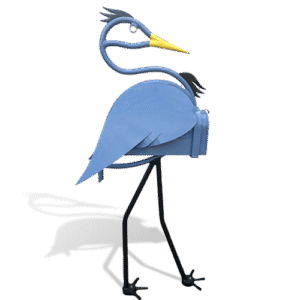 Blue heron mailbox sculpture with yellow beak and black legs