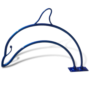 Blue dolphin-shaped metal pool rail with arched body and fin detail