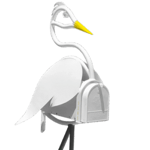 White egret mailbox sculpture with yellow beak and elegant curved neck