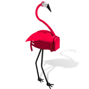 Pink flamingo mailbox sculpture with black legs and curved neck