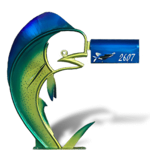 Colorful mahi mahi fish mailbox sculpture with blue mailbox marked 2607