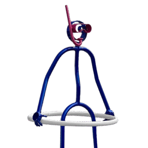 Blue tube sculpture wearing snorkel and sunglasses with circular floaty towel holder