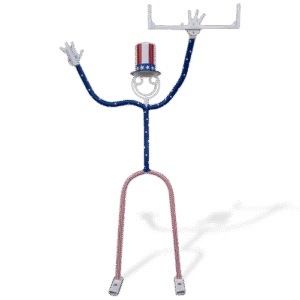 Patriotic tube sculpture with red, white, and blue outfit and top hat, holding flag bracket and sign holder