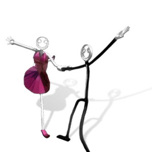 Metal tube sculpture of dancing couple, man in tuxedo and woman in pink dress