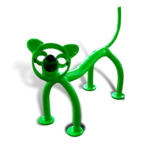 Bright green metal chihuahua sculpture with circular face and pointed ears