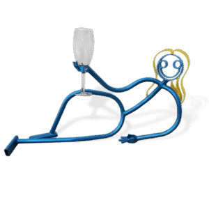 Blue reclining tube sculpture of a woman with blonde hair holding a champagne glass