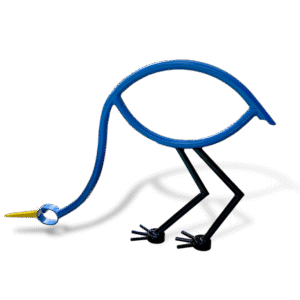 Minimalist blue heron-shaped pool rail with yellow beak and open circular body