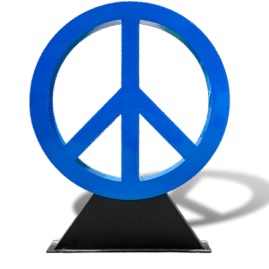 Blue peace sign sculpture with black base, ideal for outdoor public art display