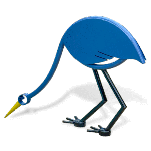 Blue heron-shaped metal pool rail with yellow beak and black legs