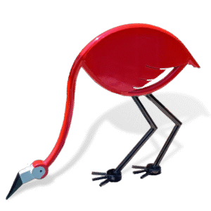 Red flamingo-shaped metal pool rail with black legs and white beak tip