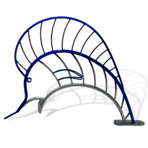 Blue and silver sailfish-shaped metal pool rail with sweeping fin detail