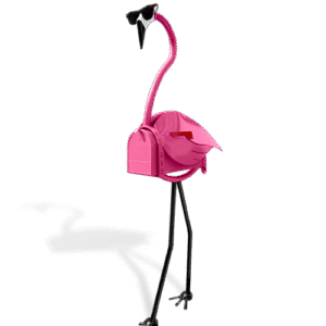 Pink flamingo mailbox sculpture wearing black sunglasses with red flag