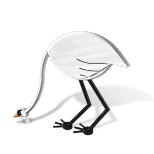 White swan-shaped metal pool rail with black legs and orange beak