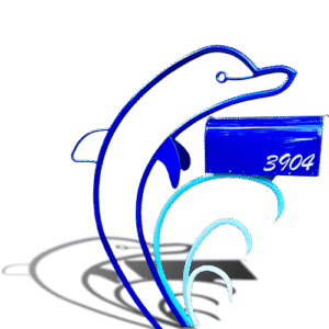 Blue dolphin mailbox sculpture with waves and house number 3904
